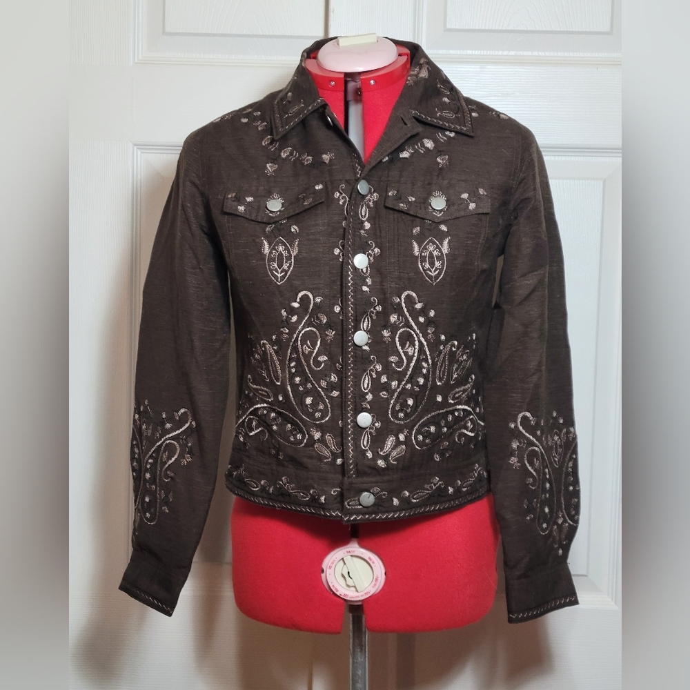 Carole Little Brown Silk Jacket With Black and Beige Emroidered Design